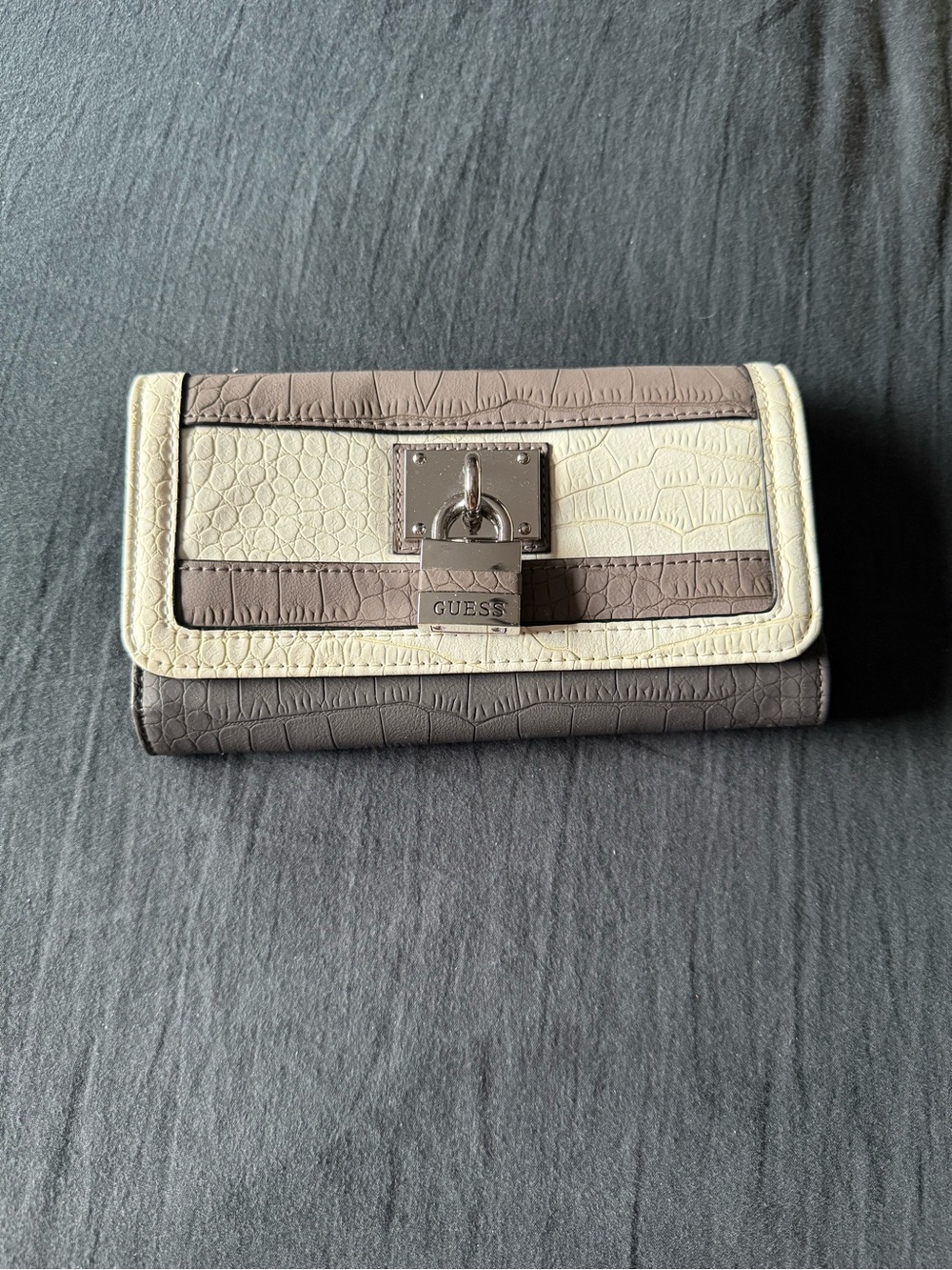 Guess Croc-Embossed Bi-Tone Wallet in Taupe and Cream